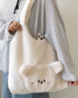 high-capacity 3d cartoon bear lamb wool shoulder bags