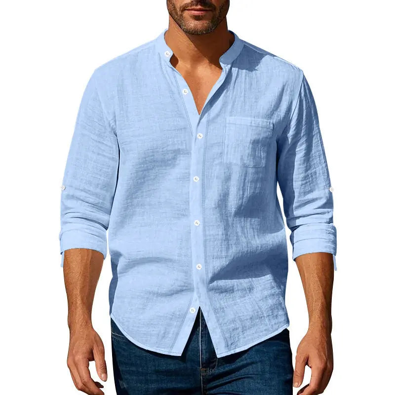Long Sleeve Stand Collar Shirt With Pockets Casual Men's Clothing Meifu Market
