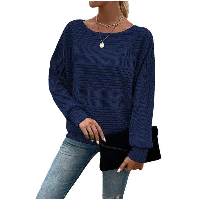 Solid Striped Batwing Sleeves T-shirt Fashion Casual Pullover Round Neck Long Sleeve Top Spring And Autumn Women's Clothing Meifu Market