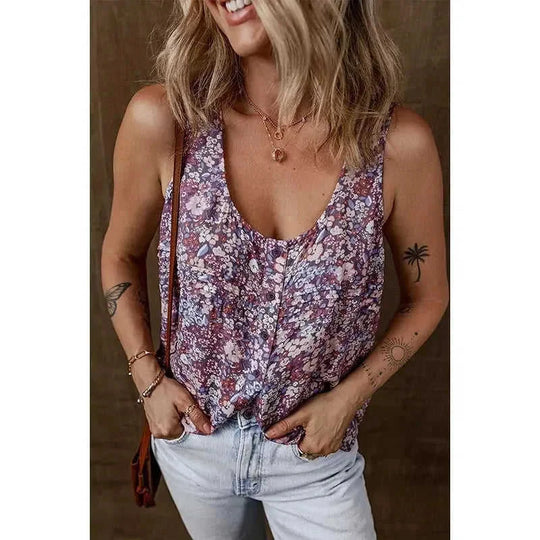 pleated u-neck vest | printed sleeveless top | lightweight breathable fabric | energy saving