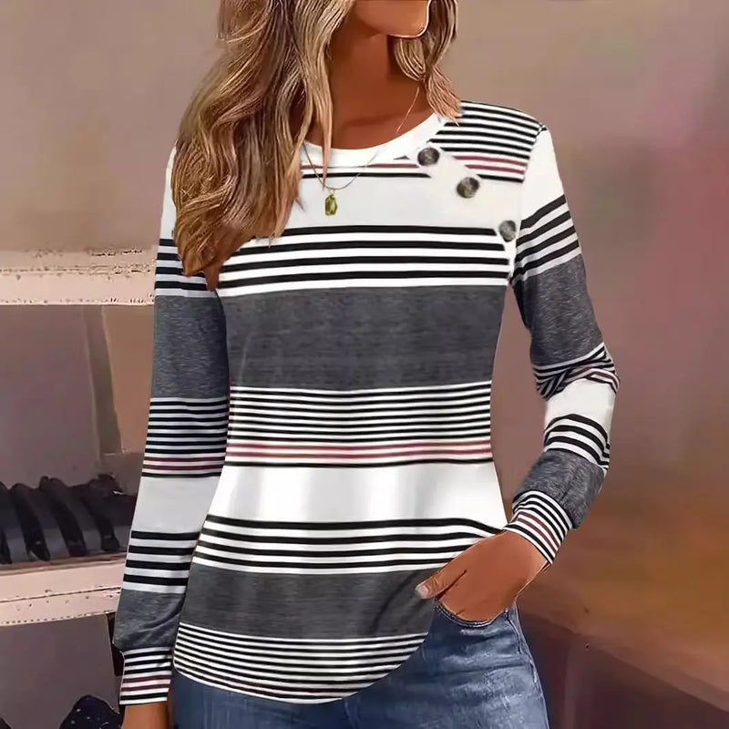 Casual Button Striped Long Sleeve Women's T-shirt Meifu Market