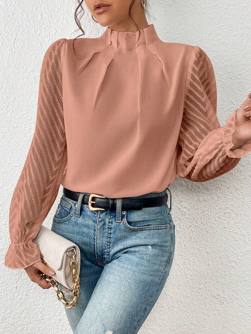 Women's Half-turtleneck Stitching Wavy Chiffon Long-sleeved Top Meifu Market