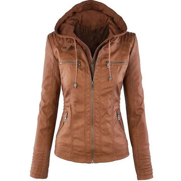 Fashion Detachable Hooded Jacket With Pockets Casual Solid Color Zipper Long Sleeve Leather Coat Autumn Winter Women's Clothing Meifu Market