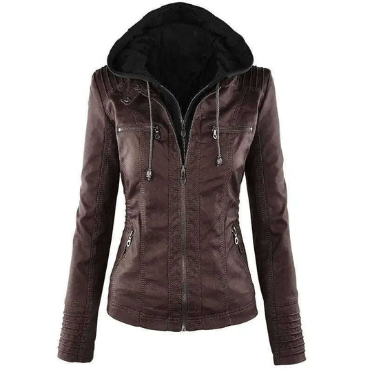 Fashion Detachable Hooded Jacket With Pockets Casual Solid Color Zipper Long Sleeve Leather Coat Autumn Winter Women's Clothing Meifu Market