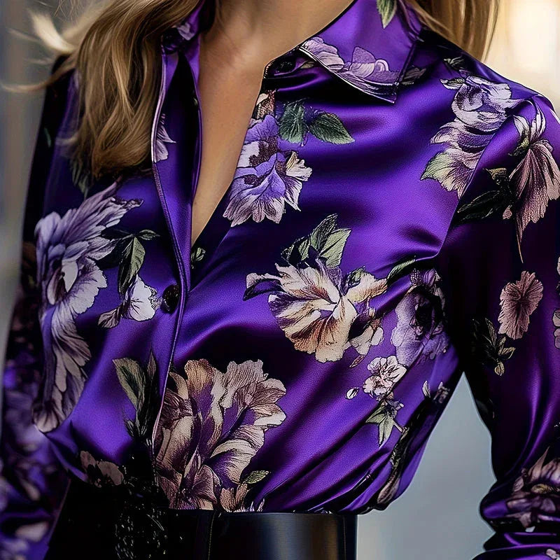 Women's Elegant Satin Lapel Long Sleeve Full Button Shirt Spring Autumn Fashion Tapered Waist Design With Sheen Meifu Market