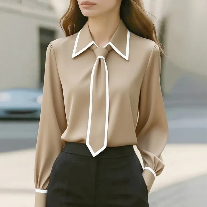 Women's Classic Tie & Lapel Blouse, Long Sleeve Contrast Color Design Shirt For Office And Formal Wear Meifu Market