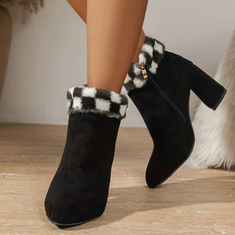 New Plaid Print Plush Ankle Boots Winter Fashoin Square Heel Suede Boots Women Casual Versatile Shoes Autumn And Winter Meifu Market