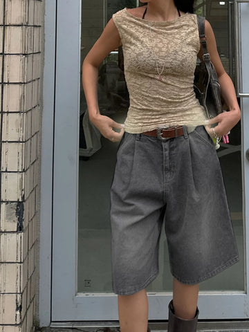 retro pleated denim shorts | wide leg denim shorts | straight cut denim shorts | ultrasonic cleaning