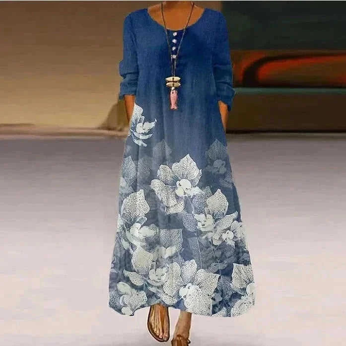 floral print maxi dress | loose fit v-neck dress | long sleeve maxi dress | energy saving