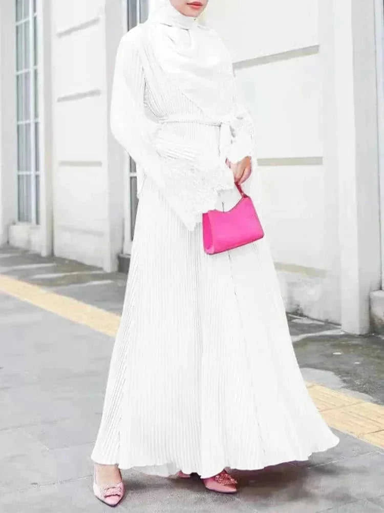 modest lace abaya | pleated kaftan dress | long sleeve prayer dress | ultrasonic cleaning