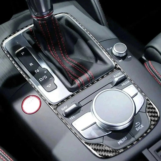 carbon fiber gear shift panel | aluminum alloy construction | oem fit replacement | ultrasonic cleaning