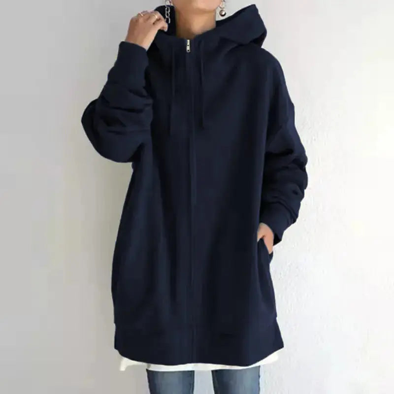 Oversized S-5XL Women Loose Hooded Coats Autumn Female Tie Collar Long Sleeve Zipper Up Add Velvet Long Sweatshirt Meifu Market