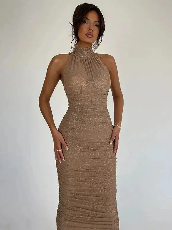 halter neck backless dress | silver bodycon dress | spandex blend cocktail dress | ultrasonic cleaning