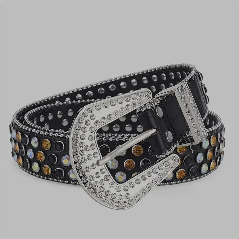 stainless-steel alloy belt | punk rock rivet buckle | rhinestone crystal decoration | energy saving