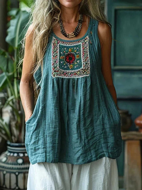 breathable cotton fabric | loose fit v-neck vest | ethnic style women top | ultrasonic cleaning