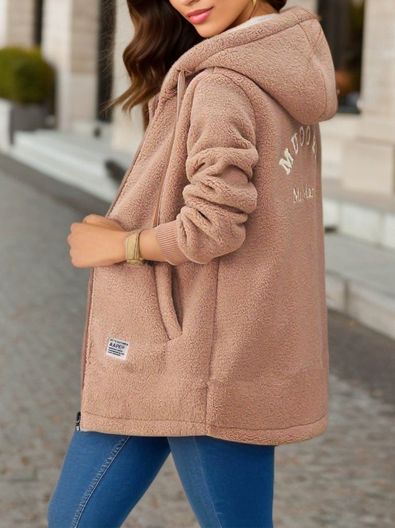 Winter Fleece Hooded Jacket Fashion Casual Zip-up Pockets Long Sweatshirt Warm Commuter Women's Clothing Meifu Market
