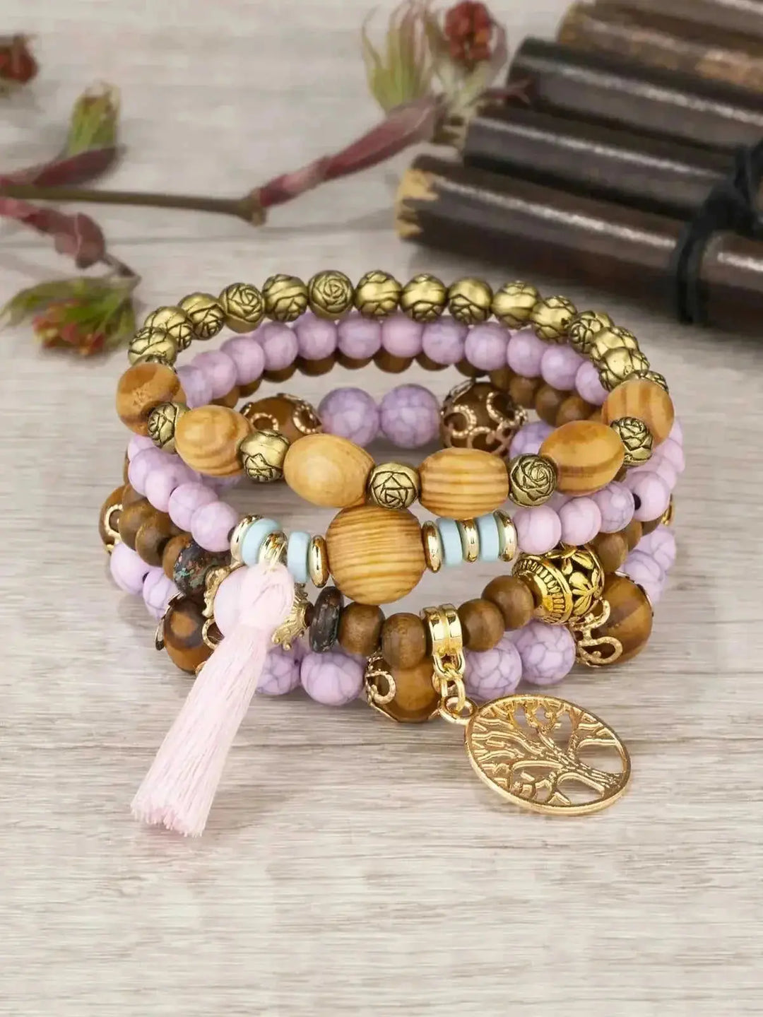 elastic bangle bracelet set | wooden beads jewelry | adjustable tree of life bracelet | ultrasonic cleaning