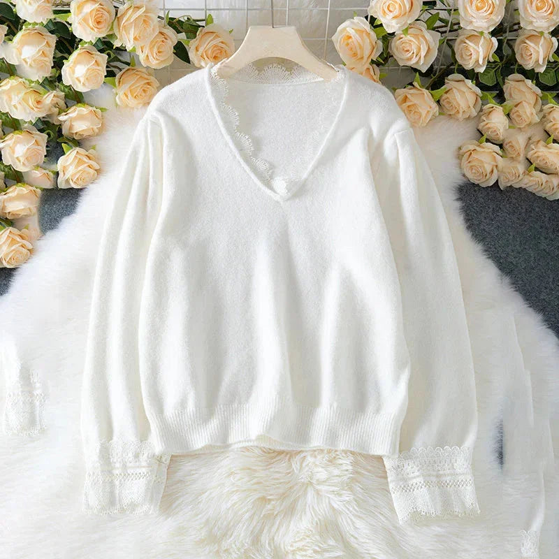 lace trim v neck sweater | long sleeve pullover top | lightweight knitwear for women | energy saving