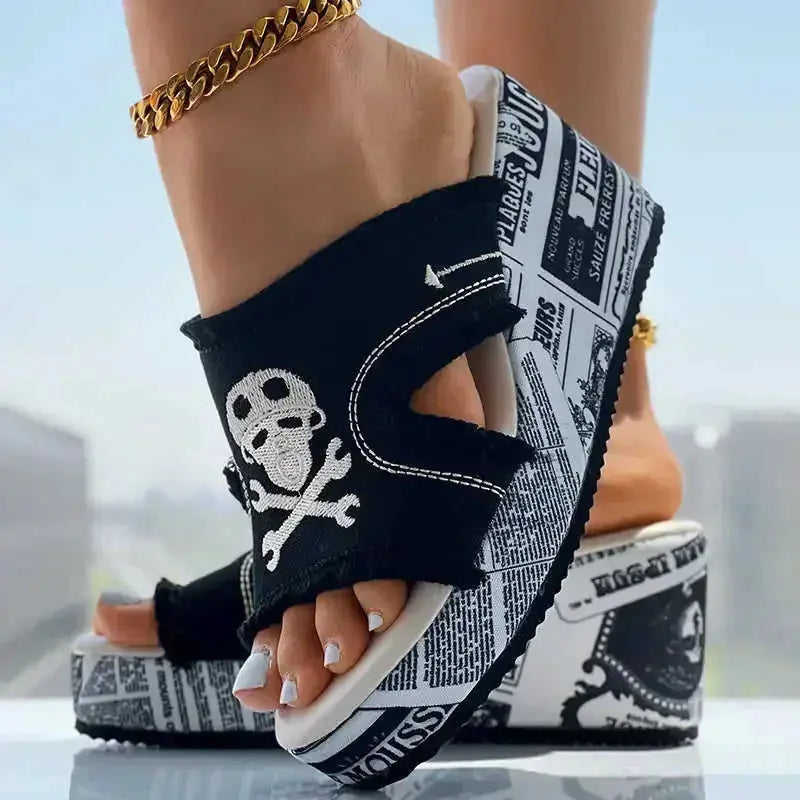 Newspaper Skull Original Hem Platform Wedge Slides - Anklet Not Included Meifu Market