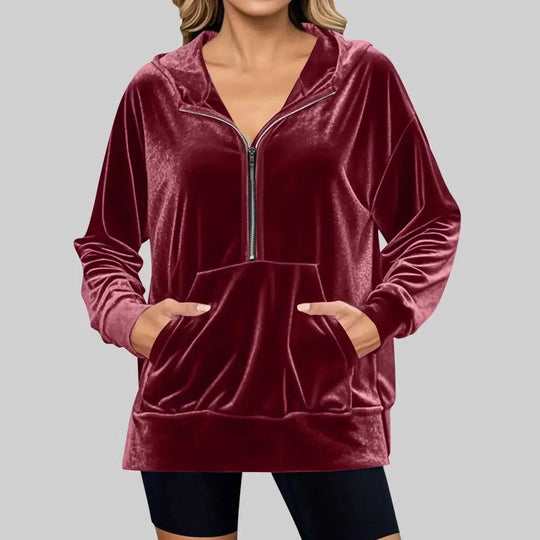 Loose Long Sleeve Zipper Pocket Pleuche Top Women Purple - scale comparison view