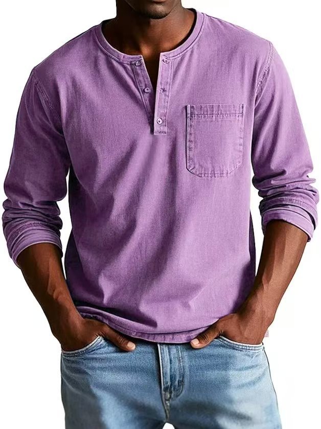 V-neck Long-sleeved T-shirt With Button Design Fashion Casual Solid Color Pullover Top Men's Clothing Meifu Market