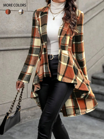 Plaid Pattern Button Front Jacket Long Sleeve High And Low Flared Jacket Meifu Market