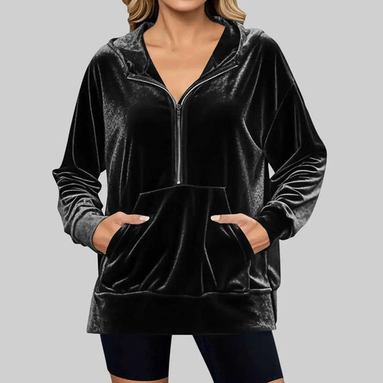 Loose Long Sleeve Zipper Pocket Pleuche Top Women Purple - texture and material detail
