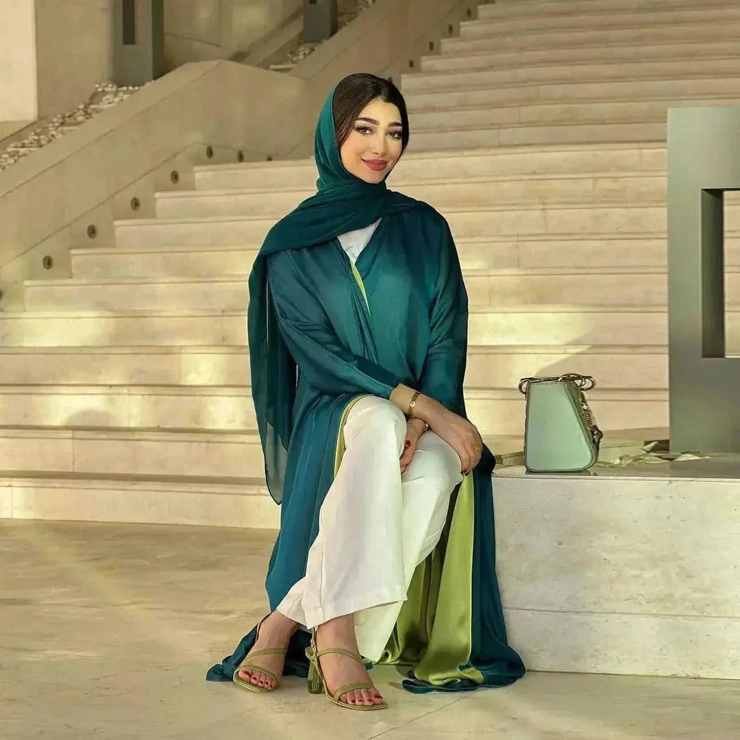 chiffon abaya dress | long sleeve color block robe | lightweight chiffon fabric | ultrasonic cleaning