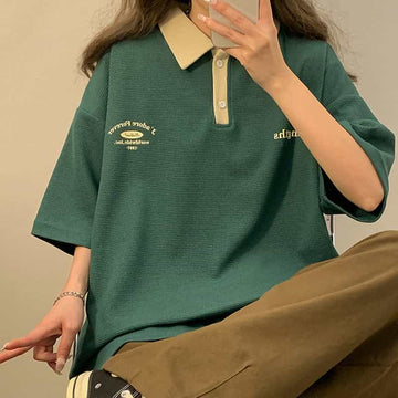 Vintage Polo Shirt Short Sleeve Loose For Women 