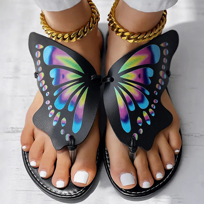 Butterfly Print Round Toe Flip Flops, Comfortable Summer Beach Shoes, Casual Women's Footwear, Perfect For Poolside And Daily Wear Meifu Market