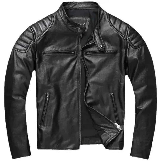 cowhide leather motorcycle jacket | genuine leather biker coat | stand collar leather jacket | ultrasonic cleaning