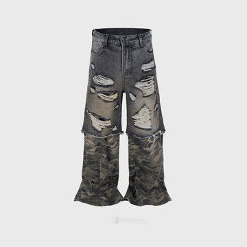Camouflage Stitching Micro-pull Wide Leg Ripped Ripped Jeans meifu market