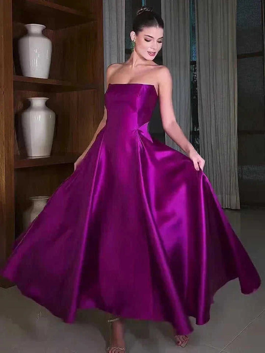 satin tube top dress | full skirt midi dress | stretchy satin fabric | energy saving