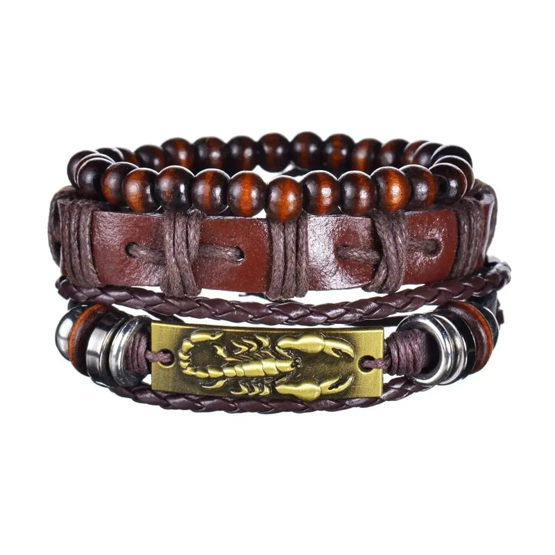 braided leather bracelet for men | vintage charm wood beads | adjustable wrap wristband | ultrasonic cleaning
