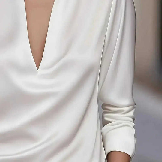 Elegant Women's V-Neck Long Sleeve Blouse With Satin Sheen Solid Color Formal Shirt For Spring Fall Meifu Market
