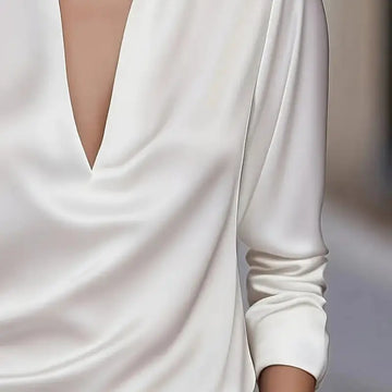 Elegant Women's V-Neck Long Sleeve Blouse With Satin Sheen Solid Color Formal Shirt For Spring Fall