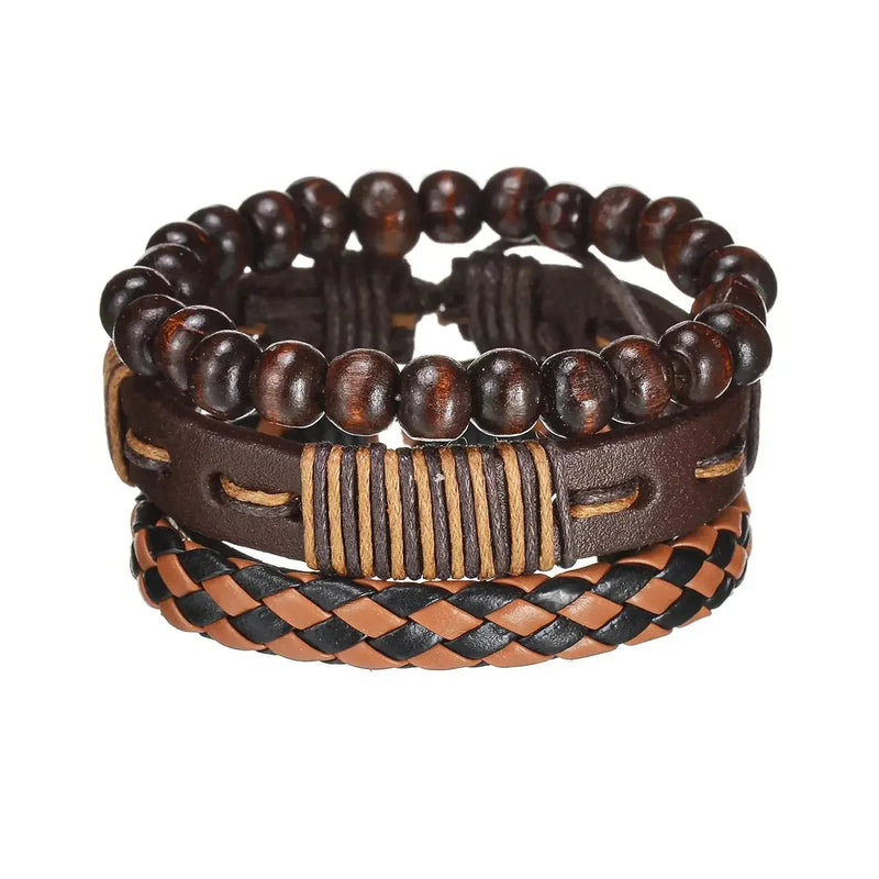 braided leather bracelet for men | vintage charm wood beads | adjustable wrap wristband | energy saving