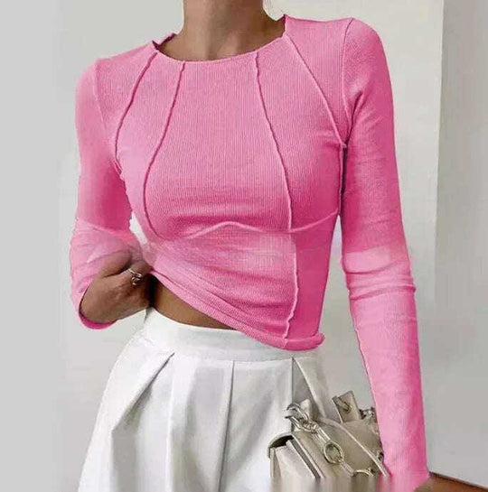 Slim Long Sleeve T-shirt Fashion Solid Color Split Thread Knitted Top Womens Clothing Meifu Market