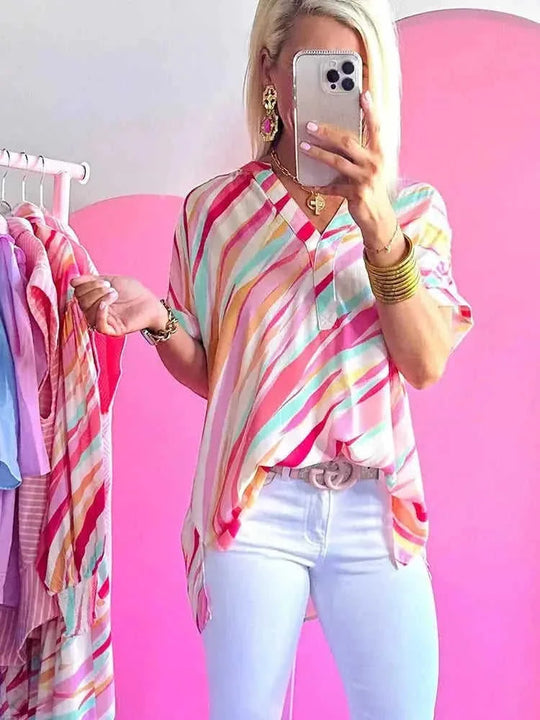 color blocking half sleeve top | polyester cotton blend | breathable fabric | ultrasonic cleaning