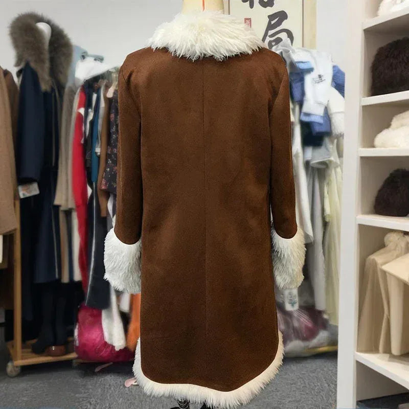 Vintage Women's Long Plush Coat With Fur Collar, Winter Warm Thick Trench Jacket For Formal & Casual Meifu Market