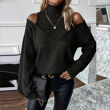 Women's Elegant Off-Shoulder Turtleneck Sweater, Solid Color Long Sleeve Knit Top For Autumn & Winter Meifu Market