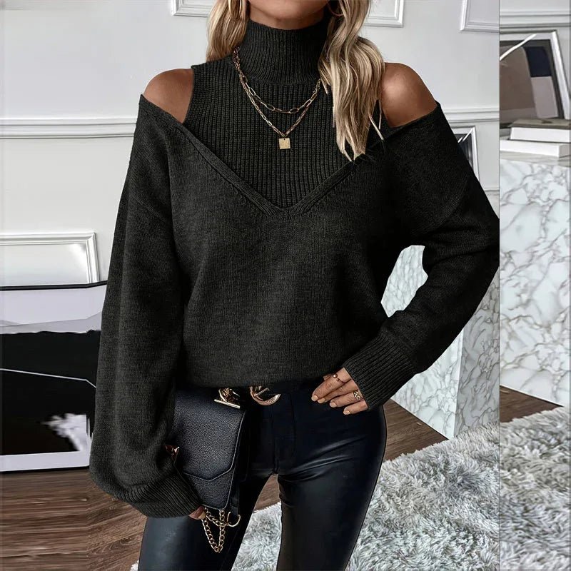 Women's Elegant Off-Shoulder Turtleneck Sweater, Solid Color Long Sleeve Knit Top For Autumn & Winter Meifu Market