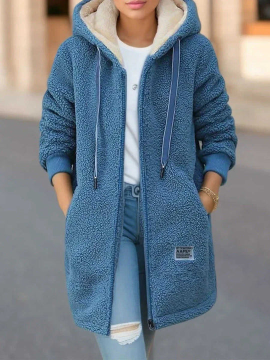 Winter Fleece Hooded Jacket Fashion Casual Zip-up Pockets Long Sweatshirt Warm Commuter Women's Clothing Meifu Market