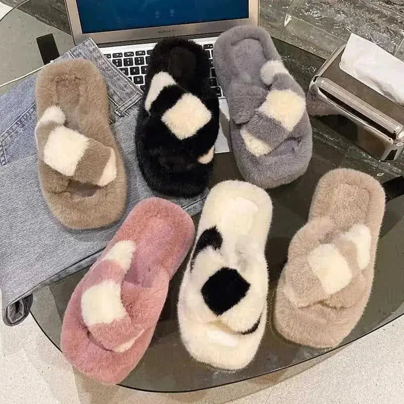 cross-strap fuzzy slippers | 5cm heel house shoes | plush indoor slippers women | ultrasonic cleaning