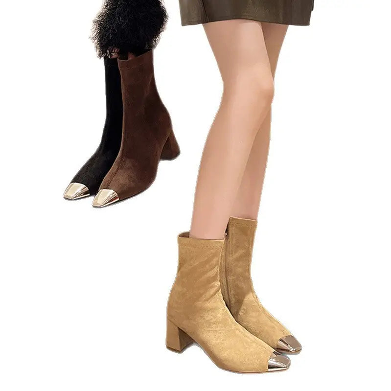 Fashion Elegant Square Head French Chunky Heel Boots Meifu Market