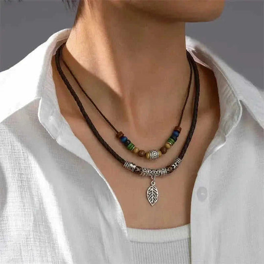 retro ceramic beaded necklace | hollow leaf pendant necklace | layered boho necklace for women | energy saving