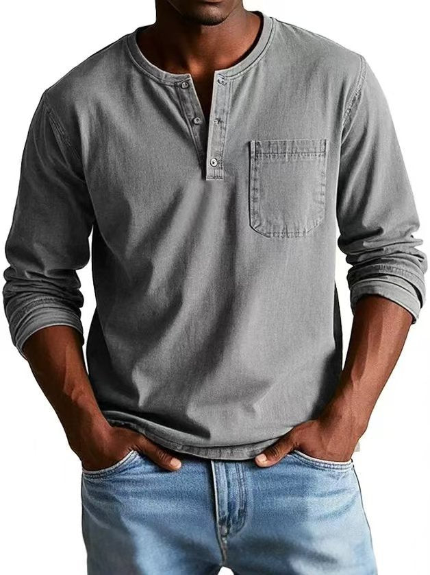 V-neck Long-sleeved T-shirt With Button Design Fashion Casual Solid Color Pullover Top Men's Clothing Meifu Market