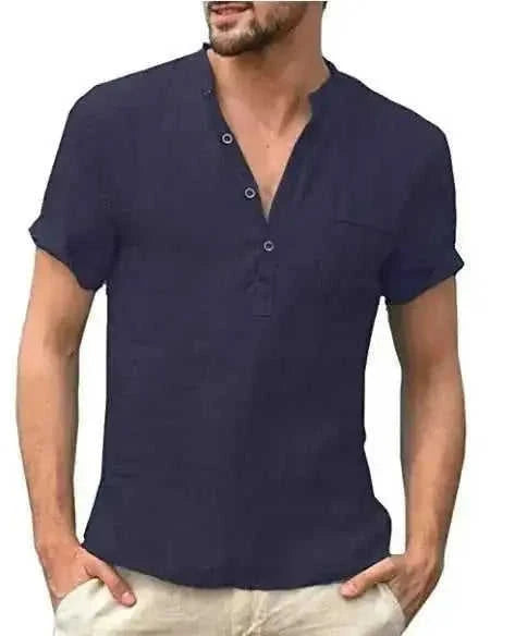 Casual Linen Solid Color Shirt Button V Neck Beach Shirt Men Summer Tops - Meifu Market