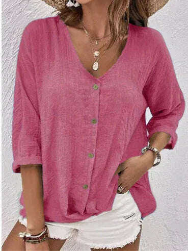 V-neck Long-sleeved T-shirt Fashion Solid Color Button Top Casual Loose Clothing For Women Meifu Market