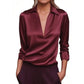 Elegant Women's V-Neck Long Sleeve Blouse With Satin Sheen Solid Color Formal Shirt For Spring Fall Meifu Market